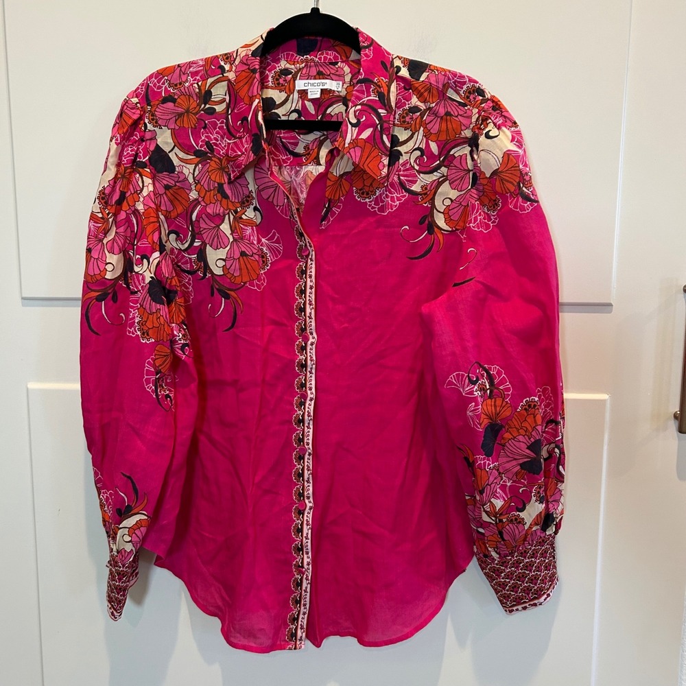 Chico's Sz 2 Women Pink Floral Print Button Down Shirt Long Sleeve Ramie Lyocell